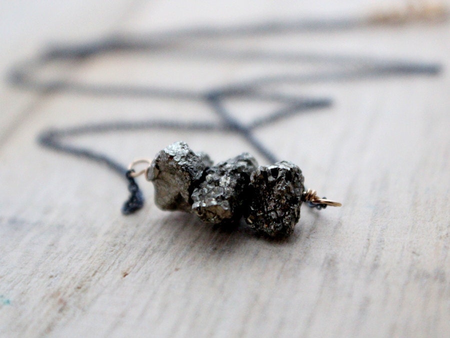Pyrite Necklace, Sterling Silver Gemstone Nuggets, Mixed Metal Minimalist Fashion
