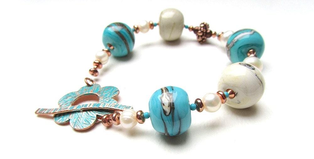 Aqua Blue and Cream Lampwork Glass and Copper Bracelet with Freshwater Pearls