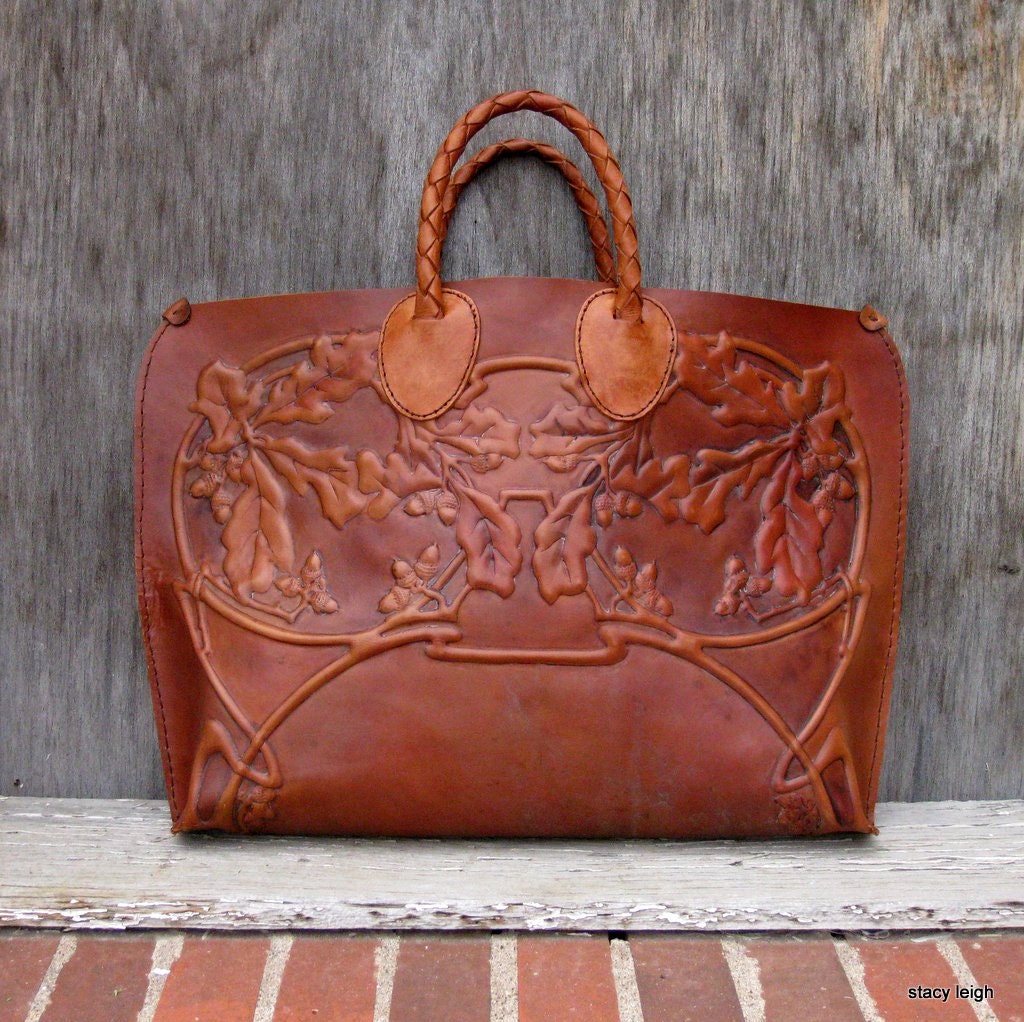 Large Leather Tote Bag with Oak Leaves and Acorns Repurposed from Antique Leather by Stacy Leigh