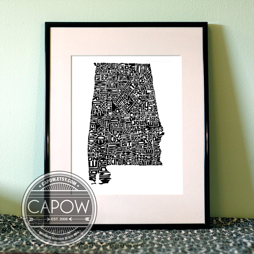 Alabama -  typography map art print 16x20 - customizable state poster wall decor