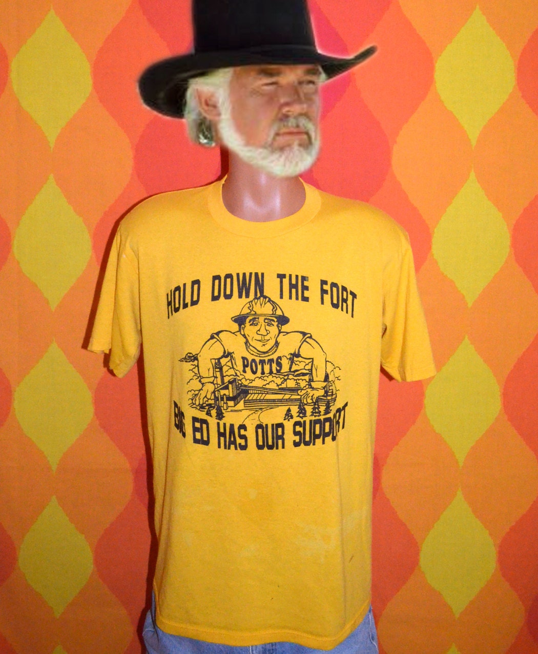 80s vintage tee shirt BIG ED potts union labor relations strike t-shirt Large gold florida