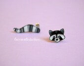 Raccoon tail and head earrings studs - Animal jewelry - wearable art jewelry