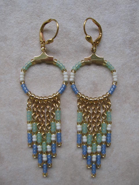 Seed Bead Chain Hoop Earrings - MilkyGreen/Blue - Short