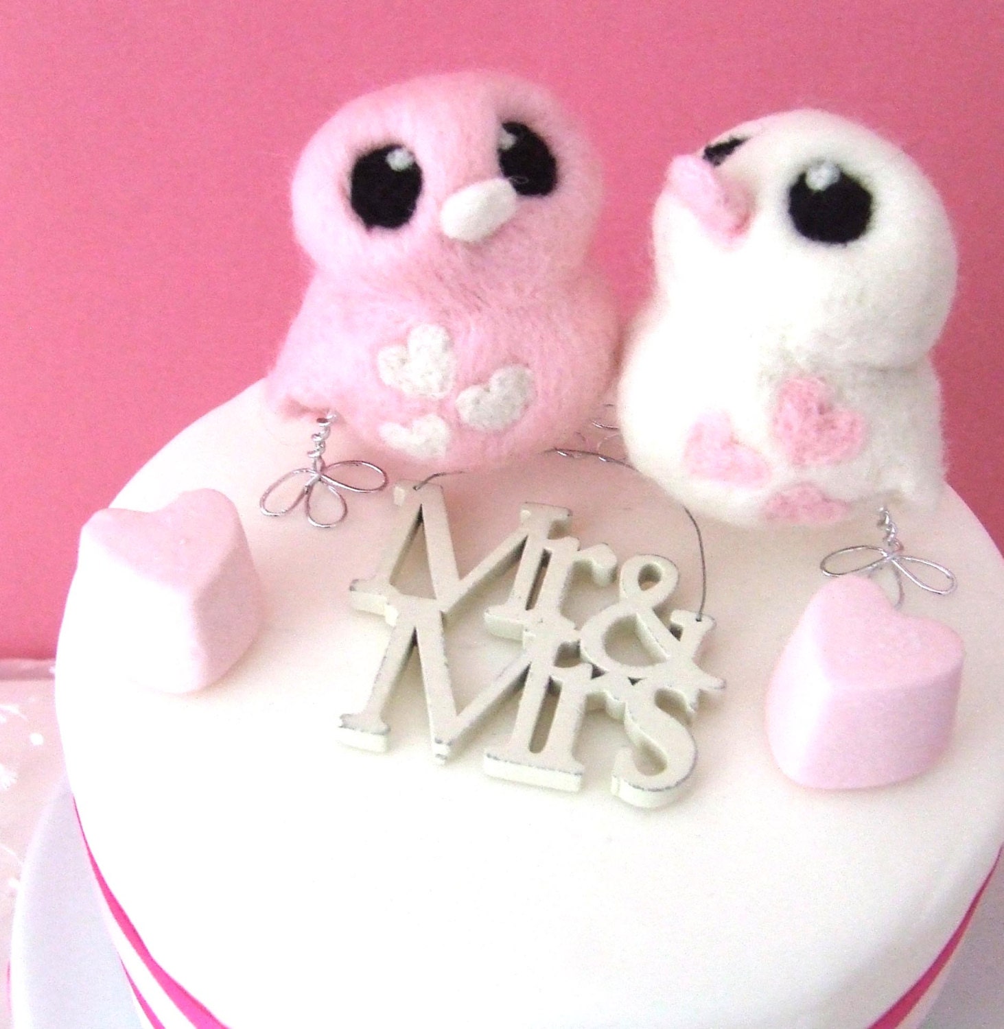 Wedding Cake Topper Birds in Pink and White Needle Felt