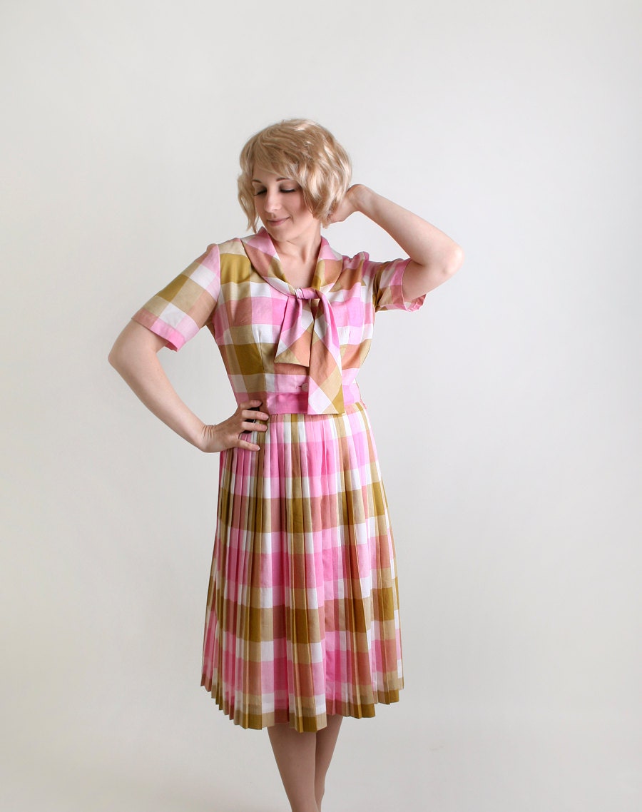 Vintage 1960s Plaid Dress - Cotton Candy Pink and Cocoa Brown Day Dress - Medium Large