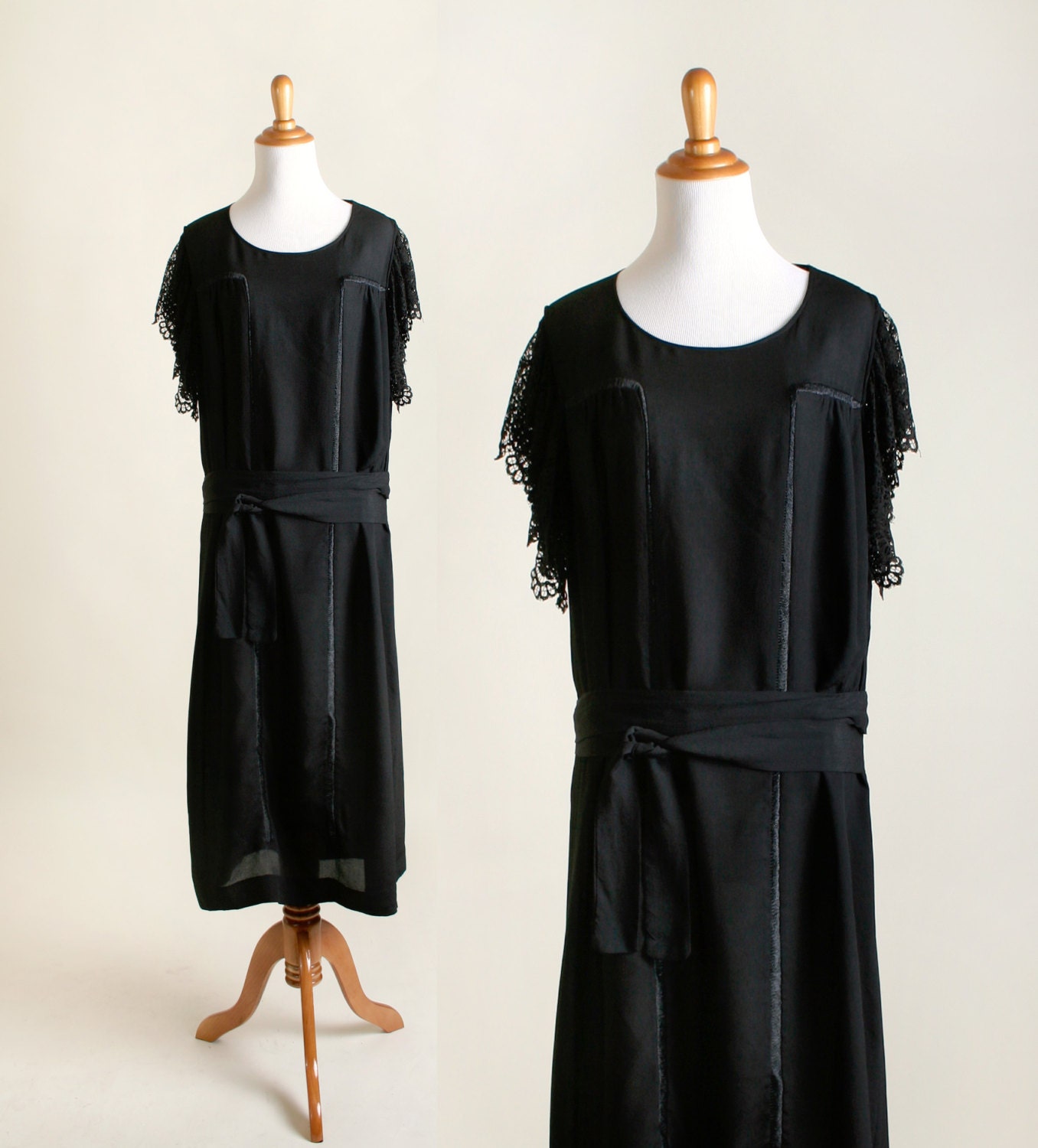 Vintage 1920s Dress - Black Sheer Flapper Girl Dress - Medium Large