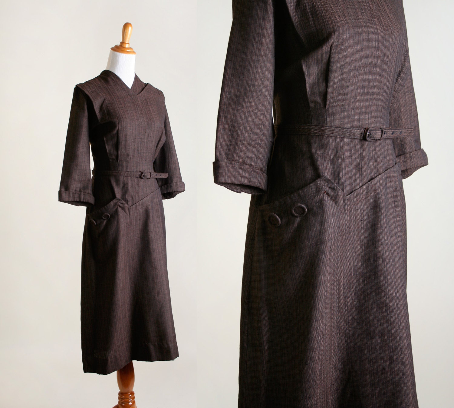 Vintage 1950s Dress - Chocolate Brown Asymmetrical Button Dress - Medium