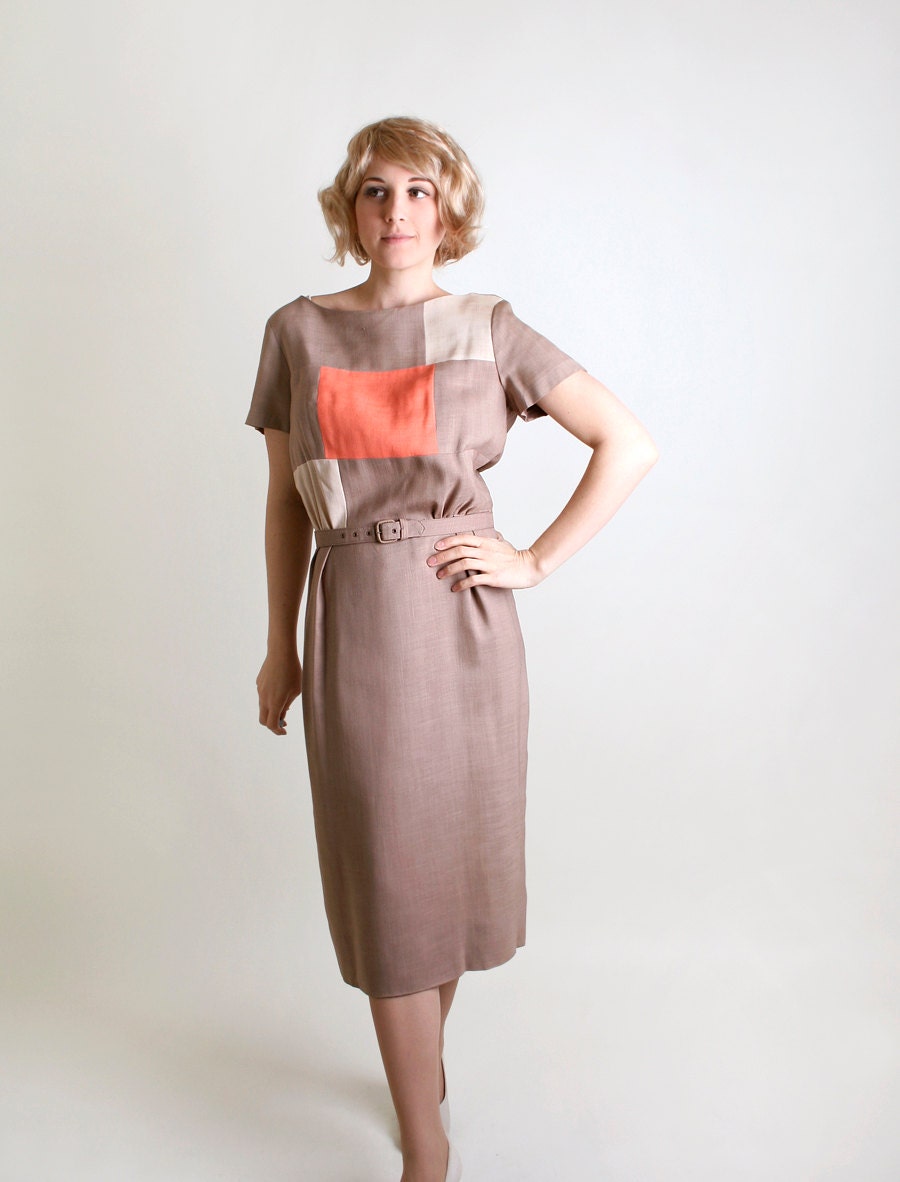 Vintage 1960s Dress - Cocoa Tan Geometric Square Wiggle Dress - Medium to Large Tall Lady
