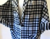 Vintage 70s Plaid Fringe Poncho Jacket Black White Wool Check