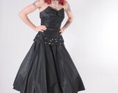 50s Strapless Dress - Black Taffeta and Silver Sequins with Belt FULL SKIRT - Med
