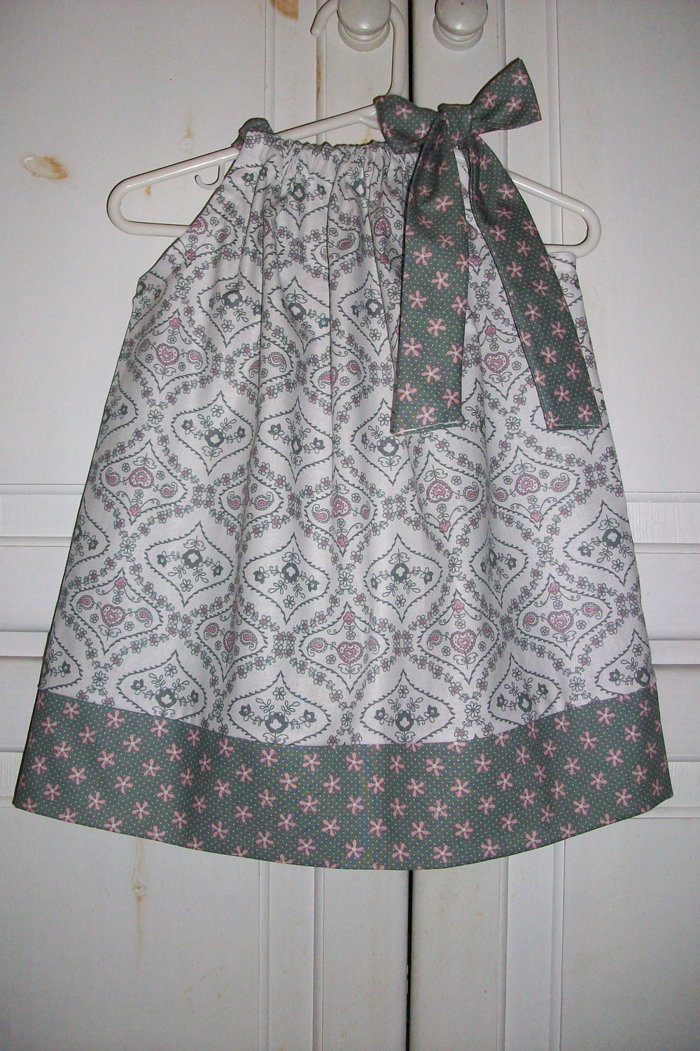 Pillowcase Dress DAMASK Grey Paisley Pink HEARTS Flowers baby toddler girl Summer