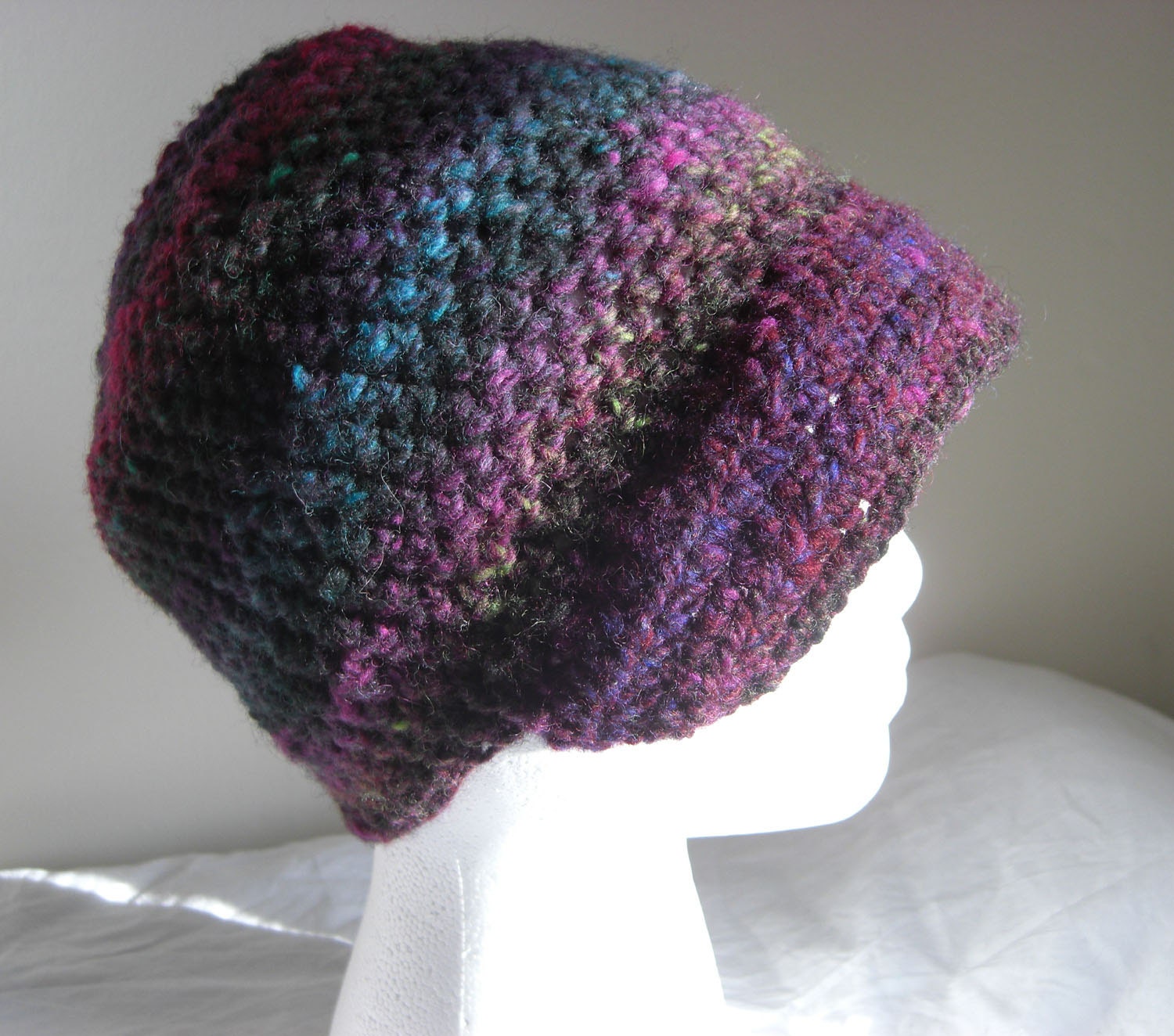 Colorful Wool Hat with Brim - Multi Color Yarn with Purple, Teal, Blue, Red, Green and Black
