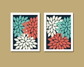 Bold Colorful Navy White Coral Aqua Floral Flower Burst Set of 2 Prints Wall Decor Abstract Art Bedroom Bathroom Nursery Picture Crib