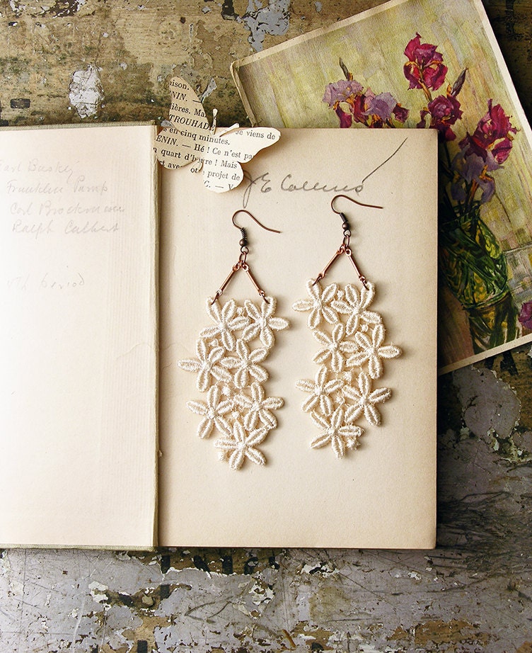 lace earrings - FLEURETTE - long chandelier earrings - ivory - bridal - easter - mothers day