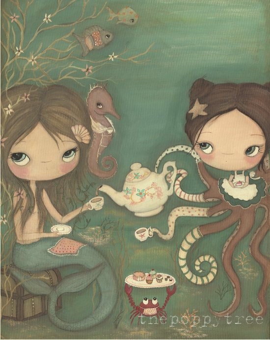 Mermaid Print Octopus Girl Wall Art---Tea Under The Sea