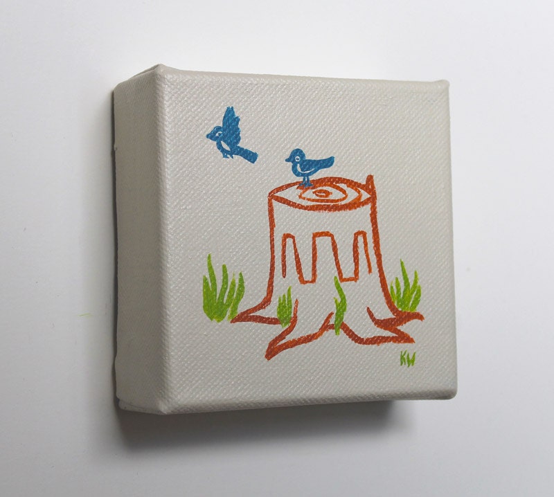 Birds on a Tree Stump - Sketch Painting - Original Wall Art Acrylic on Canvas 4 x 4