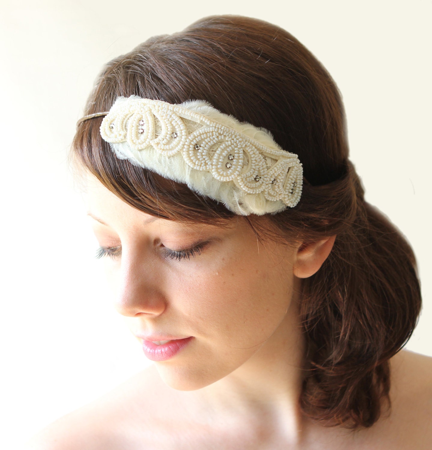 Beaded rhinestone and feather deco bridal head piece, Bridal hair band, fascinator, ivory wedding