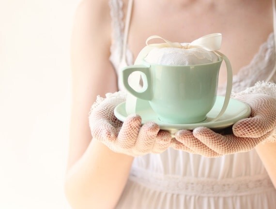 tea cup ring bearer pillow - plastic melmac, jadite green, vintage cup and saucer, wedding decor