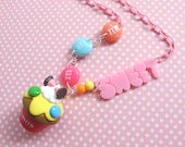 Japanese SWEET Kawaii Lolita Pink Dessert Necklace. Meiji HiMilk Cupcake MnMs Apollo Chocolate Topping Pendant, MnMs Gumballs necklace