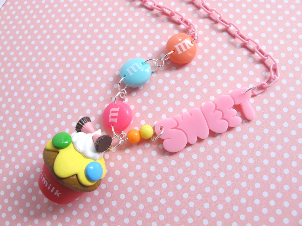 Japanese SWEET Kawaii Lolita Pink Dessert Necklace. Meiji HiMilk Cupcake MnMs Apollo Chocolate Topping Pendant, MnMs Gumballs necklace