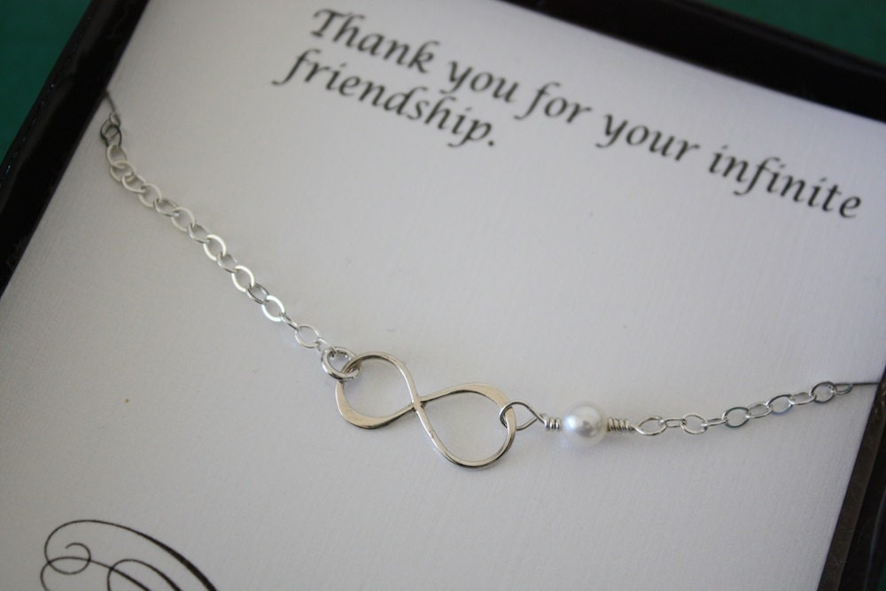 Infinity Friendship Necklace, Infinity Jewelry, Best friend Gift, Thank You Card, White Pearl, Sterling Silver Necklace