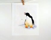 Penguin Bird Art - Painting Watercolor Print - Nature Art, Animal Art - Nursery, Home Decor - Children Women Kids Black and White 7.6x9.6