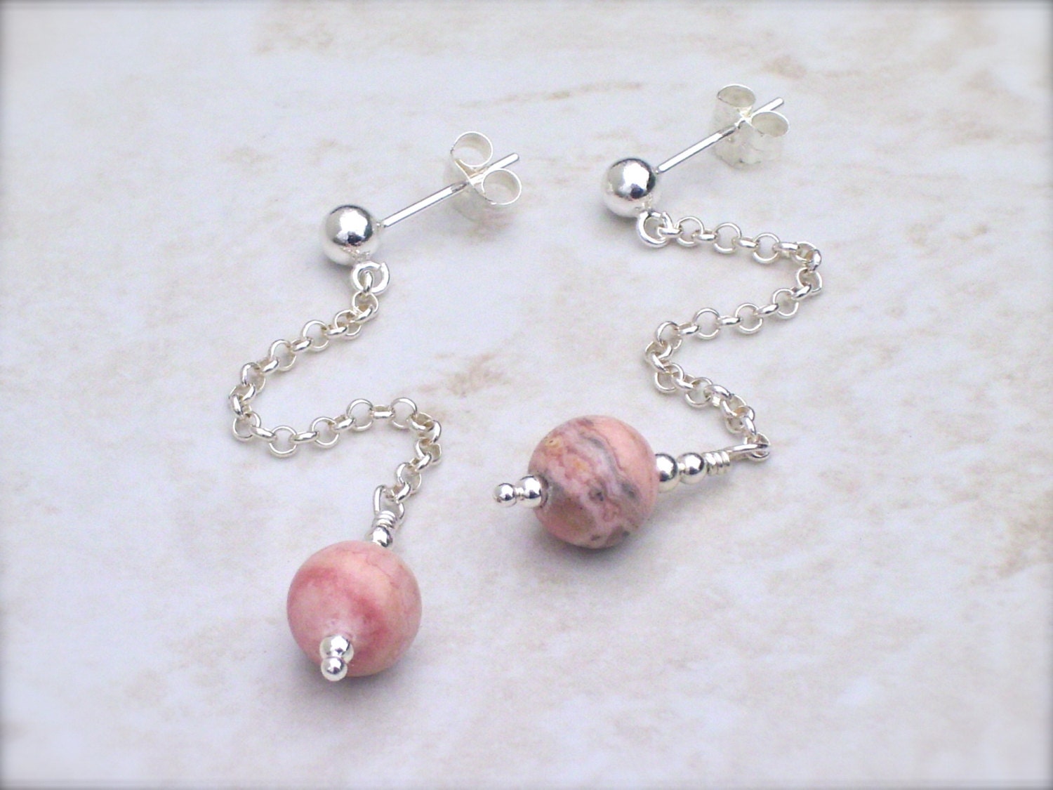 Pink stone earrings, argentina rhodochrosite and sterling silver, long dangle style