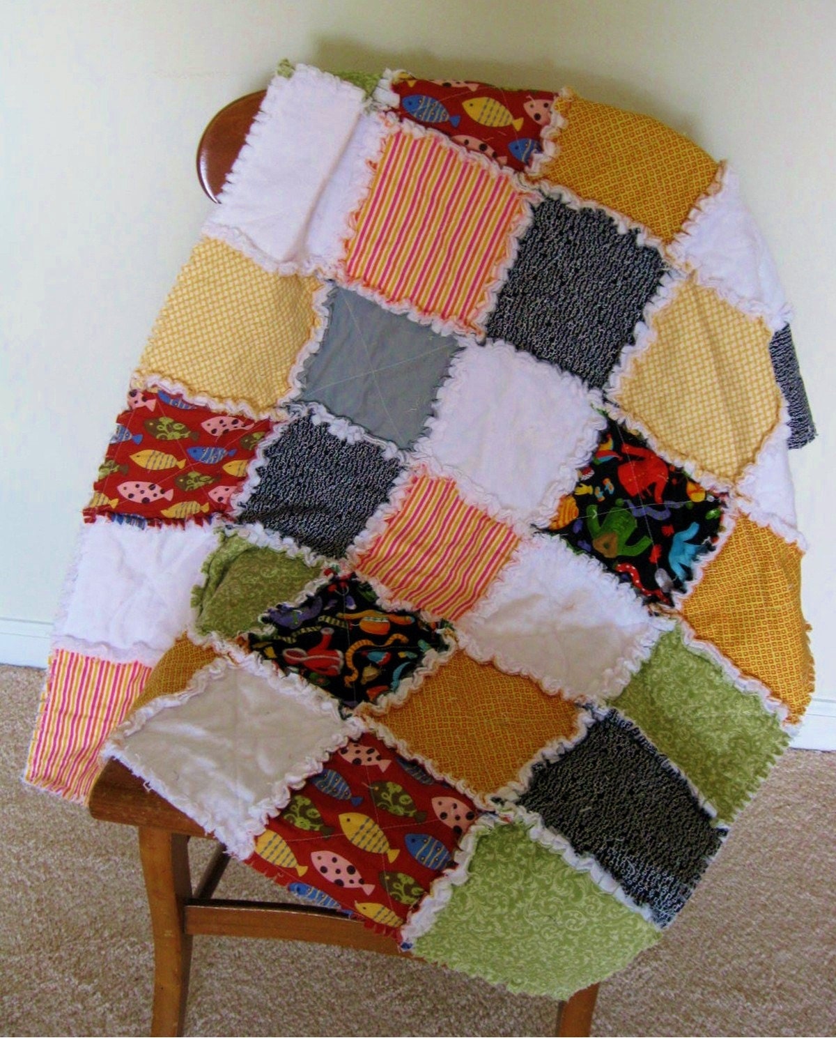 Multi colored light weight cotton and flannel rag quilt - Handmade  by September Oaks and Ready to Ship
