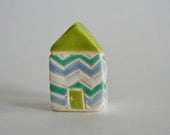 Chevron little clay house  green white aqua blue zigzag miniature ceramic pottery home cottage