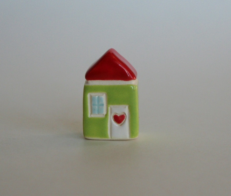 Little House Happy Cottage green red white Miniature Ceramic Clay