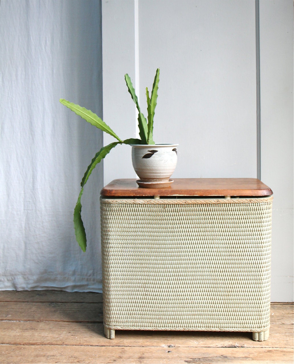 Vintage Wicker Laundry Hamper / Hawkeye Basket, Wood Top