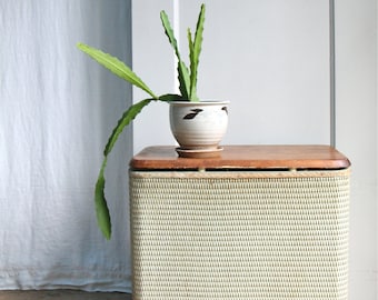 Vintage Wicker Laundry Hamper / Hawkeye Basket, Wood Top