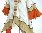 Plus Size Flared Tunic, Cotton and  Raw Silk Knit in Beige Wheat and Rust, Size 18-20-22