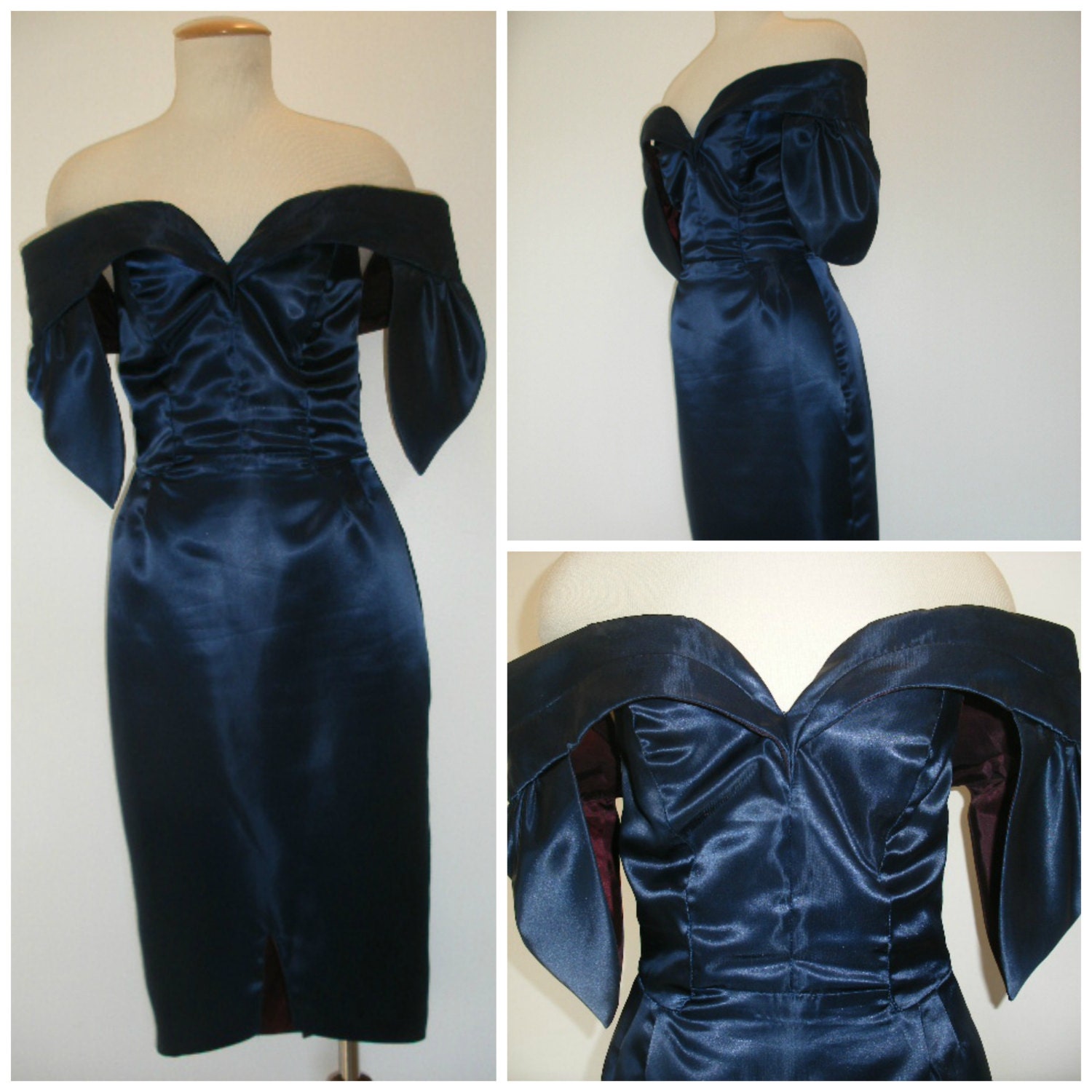 80s does 40s torch singer wiggle dress, midnight blue satin off the shoulder retro cocktail dress.