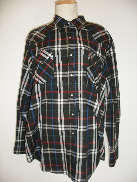 70s men's country plaid snap shirt, extra large, extra long black plaid western indie alt men's big and tall shirt.