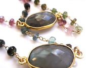 Tourmaline stones with labradorite connectors set in gold bezel long necklace