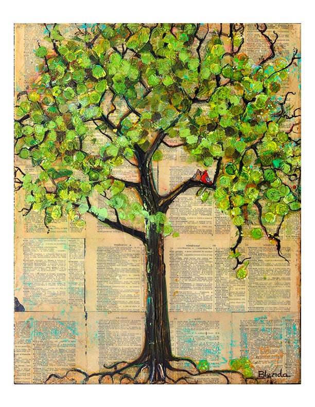 Art Tree Signed 13X19 Print Wall Decor Birds Cardinals Lovebirds