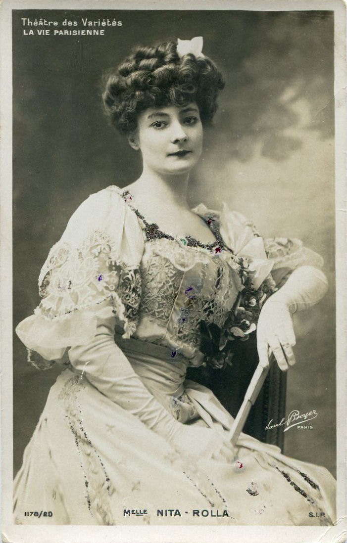 Original French vintage hand tinted real photo postcard - Actress miss Nita - Rolla in beautiful dress - Victorian Paper Ephemera