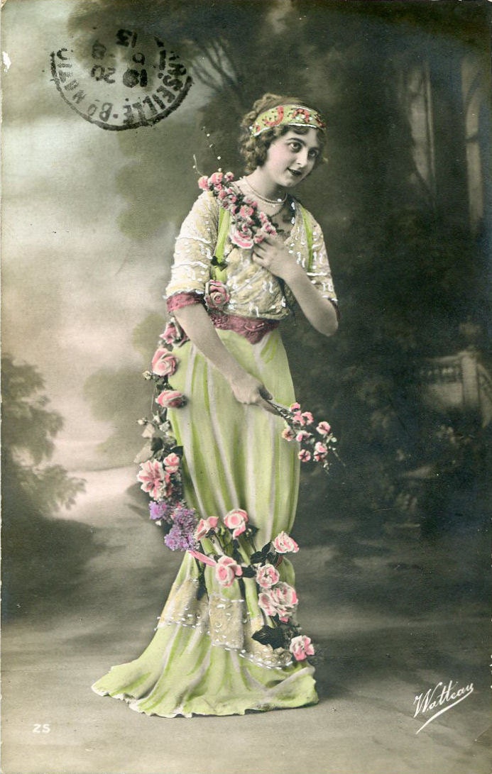 Original French vintage hand tinted real photo postcard - Lady wearing dress with rose garland - Victorian Paper Ephemera