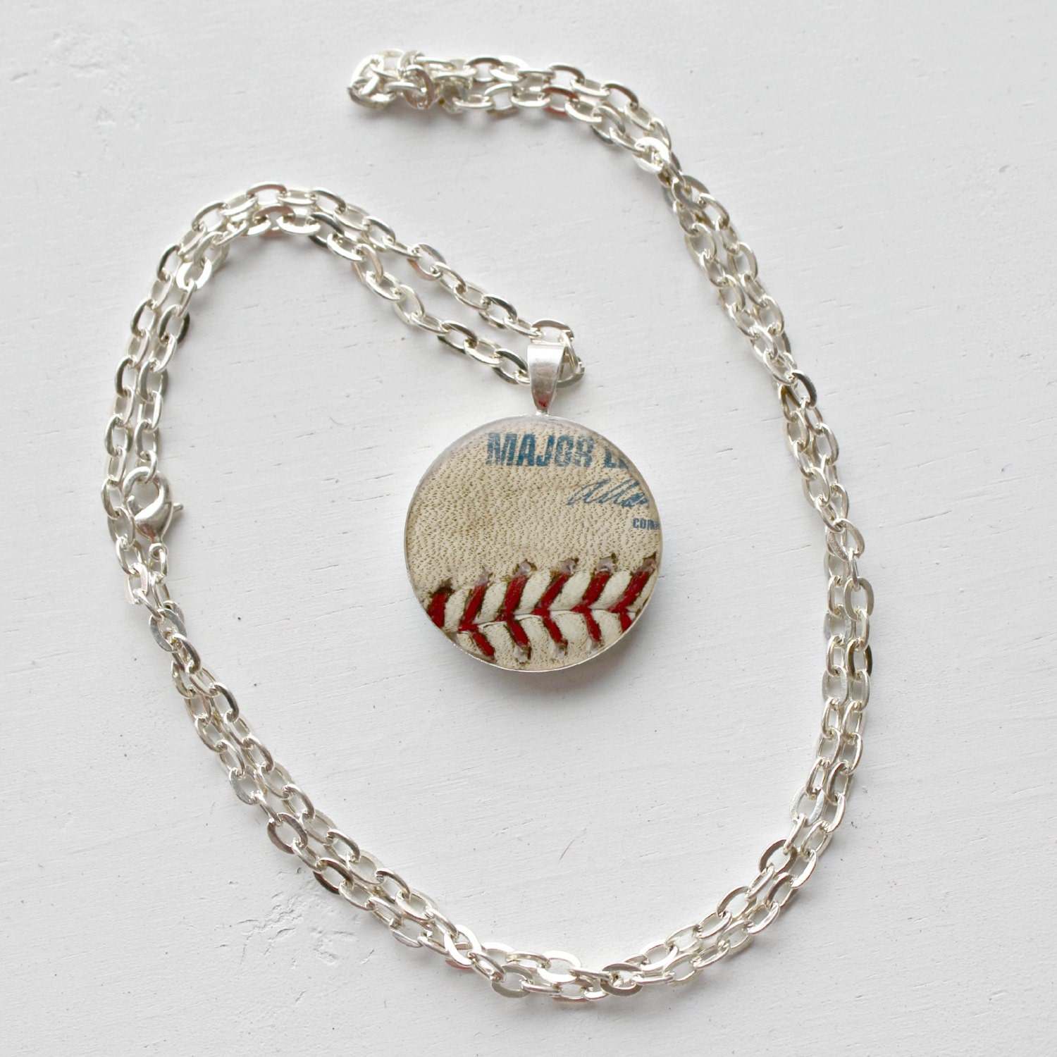Baseball Necklace MLB Official Game Used Stitches with 24 inch Silver Chain and Gift Box Included