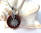 Eco Friendly Necklace Silver Color Metal Sun or Gear Charm Redheart Wood Pendant Handmade Wooden Jewelry by Hendywood