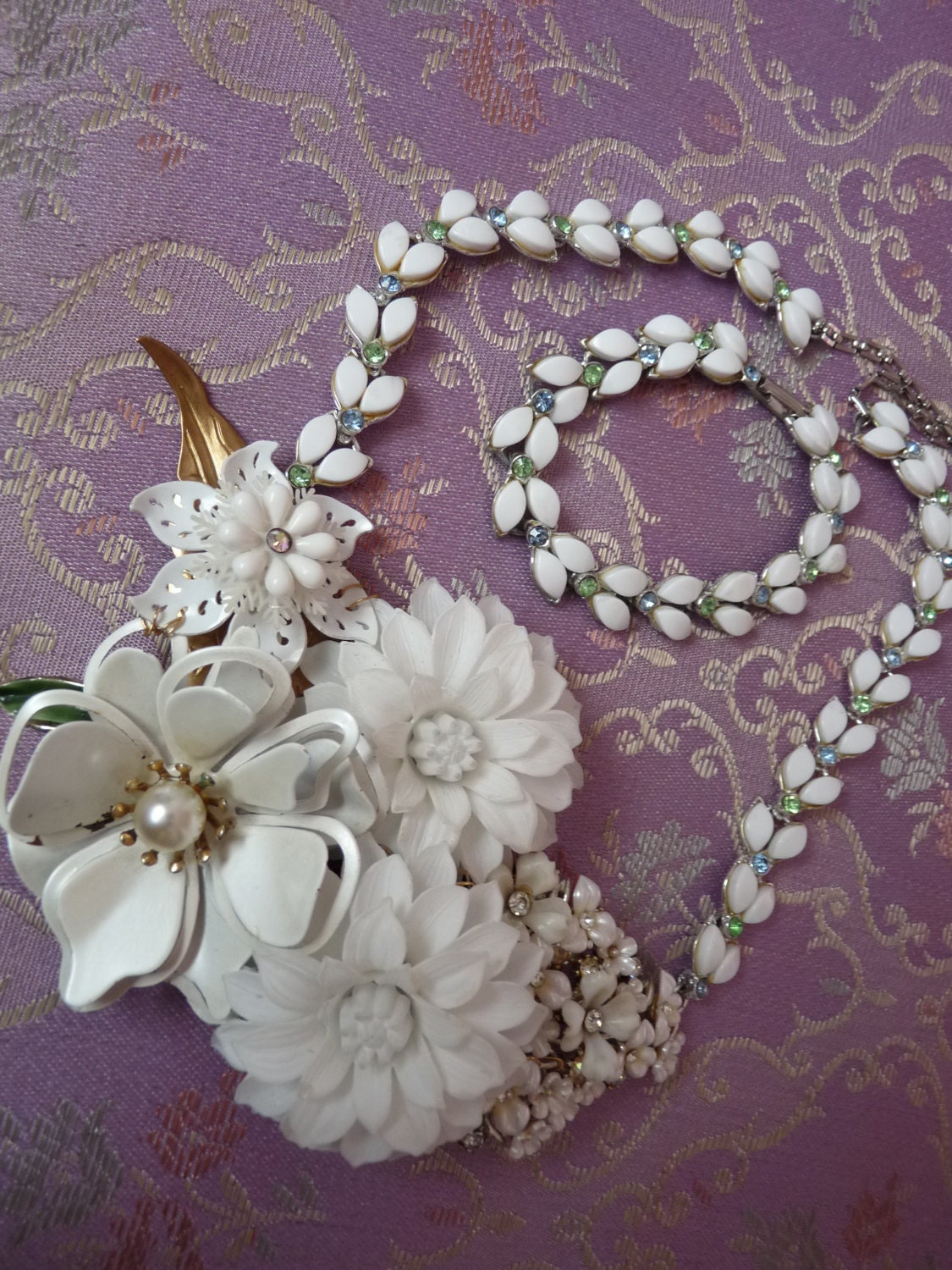 Wedding necklace, statement necklace The Day of The Wedding  vintage enamel  rhinestone pins and lucite flowers & matching bracelet