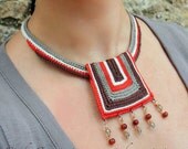 AFRICA - Ethnic Tribal Cotton yarn Bib Necklace Crochet Brown Chocolate Terracotta Lead Cream Stone