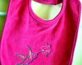 Toddler Size. Hot Pink Terry Cloth Baby Bib. Embroidered Hummingbird and Flower in MultiColored Embroidery Thread