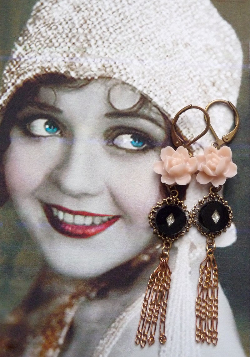 Regina III Earrings - Vintage Inspired Jewelry - Vintage Rose Cabochons - Black - Crystal - Chains - Vintage Connectors (SD0404)