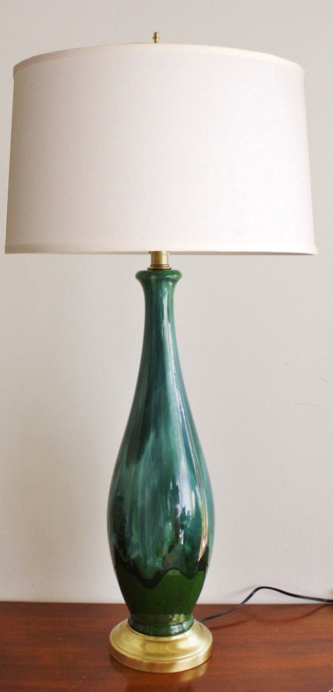 Tall mid-century modern blue and green glazed ceramic table lamp