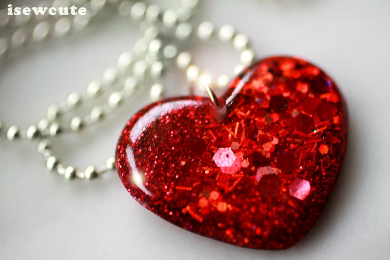 Glitter - Jewelry, Simple Sparkly Red Heart - gift idea for her - Rose Pink Highlights, Modern Design, Handcast Resin Jewellery by isewcute