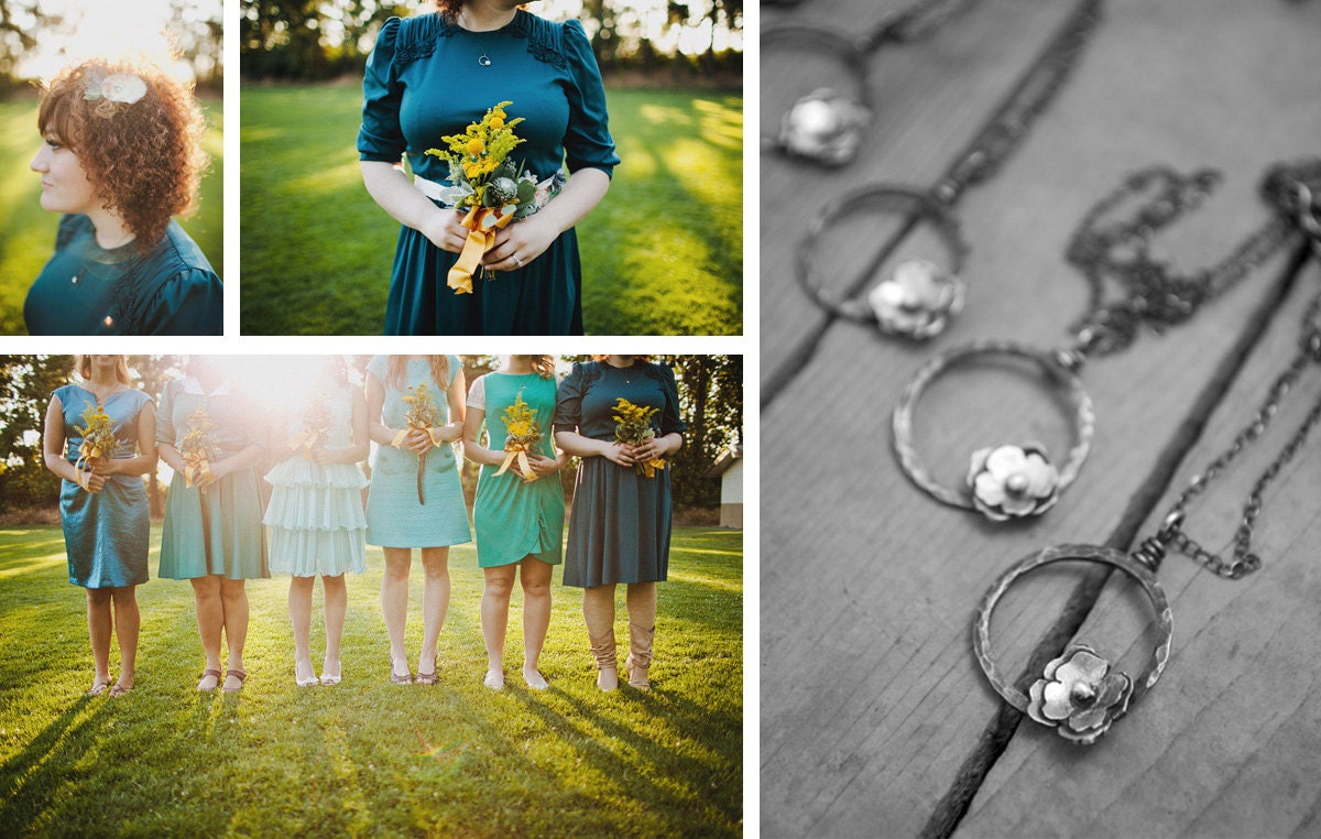 flower circle necklace in sterling silver - small floral nature bridesmaid wedding jewelry - necklace
