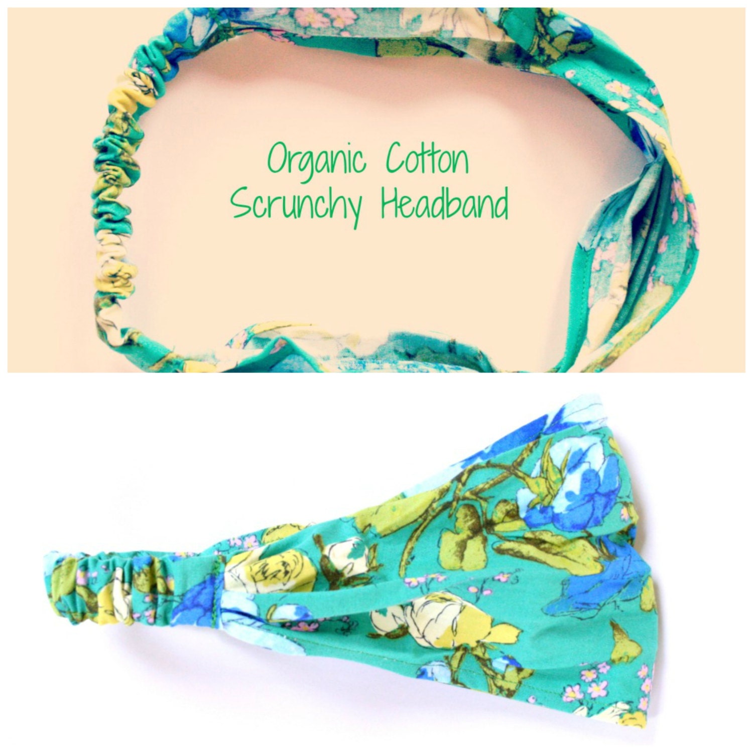 Boho Chic Headband Scrunchy Elastic Organic Cotton Bright Green Chartreuse Blue Pink Amy Butler
