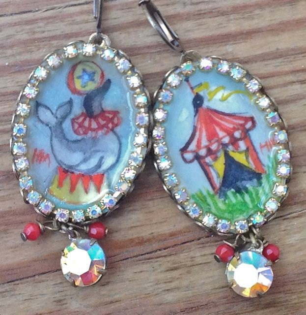 Lilygrace Vintage Circus Handpainted Cameo Earrings with Vintage Rhinestones and Coral beads